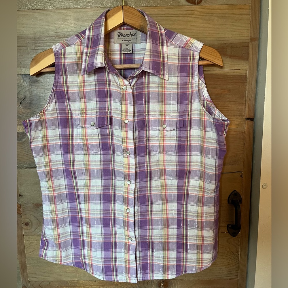 Wrangler Purple & White Plaid Pearl Snap Sleeveless Western Shirt